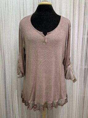 NWT Luna Taupe Knit Lace Hem Roll Tab Sleeve Top Made in Italy Size Medium
